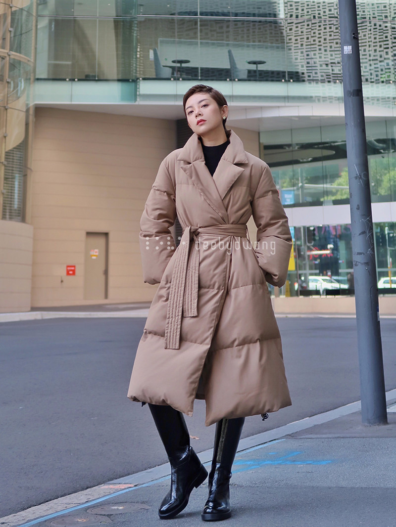 deebydwang fashionable lapel fine imitation long down jacket white goose down thickening waist slim soft
