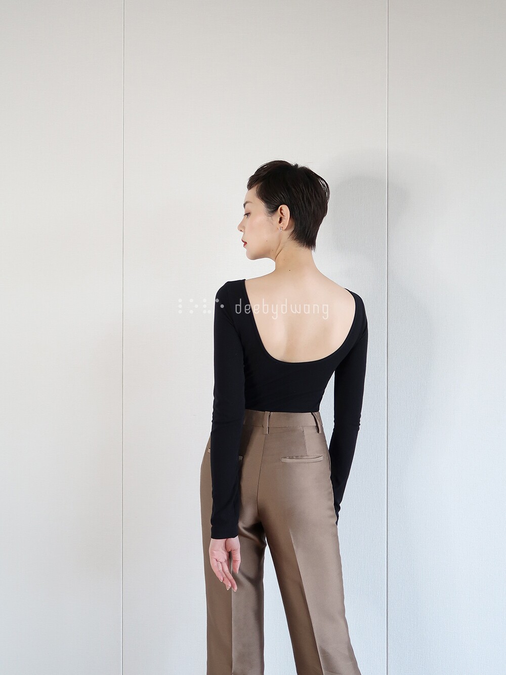 Deebydwang long-sleeved jumpsuit women's summer back black skinny versatile basic model