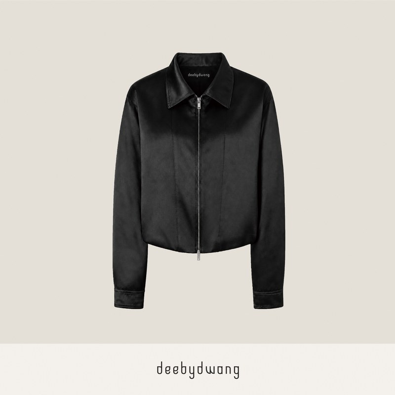 Deebydwang Matte Satin Stand Collar Zipper Short Jacket Loose Drawstring Slimming Black Coat Deebydwang Matte Satin Stand Collar Zipper Short Jacket Loose Drawstring Slimming Black Coat