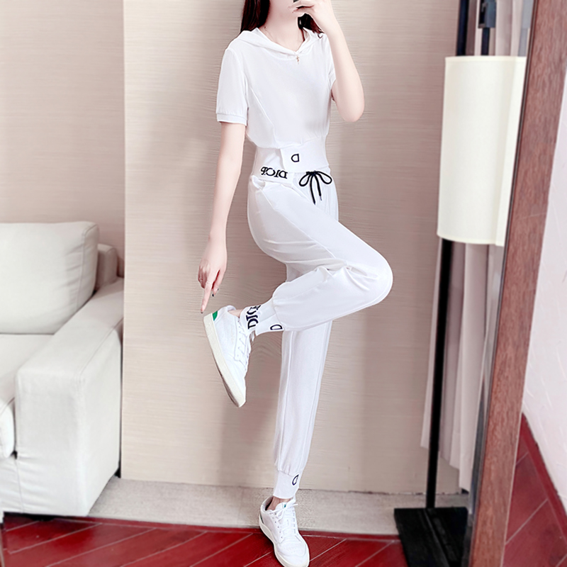 Casual Fashion 2023 Pure Cotton White Sports Suit Female Summer Simple Net Red Sweater Hooded Age-Reducing Two-piece Set