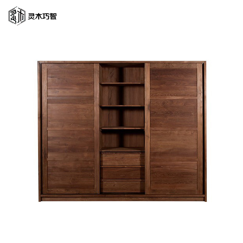 Custom-made Nordic solid wood wardrobe modern Japanese oak bedroom locker North American black walnut sliding door large wardrobe