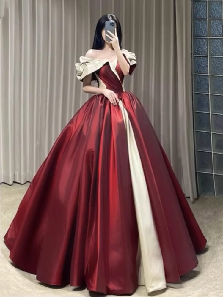 Red elegant evening dress for bride for princess, open shoulders, fitted, tutu skirt