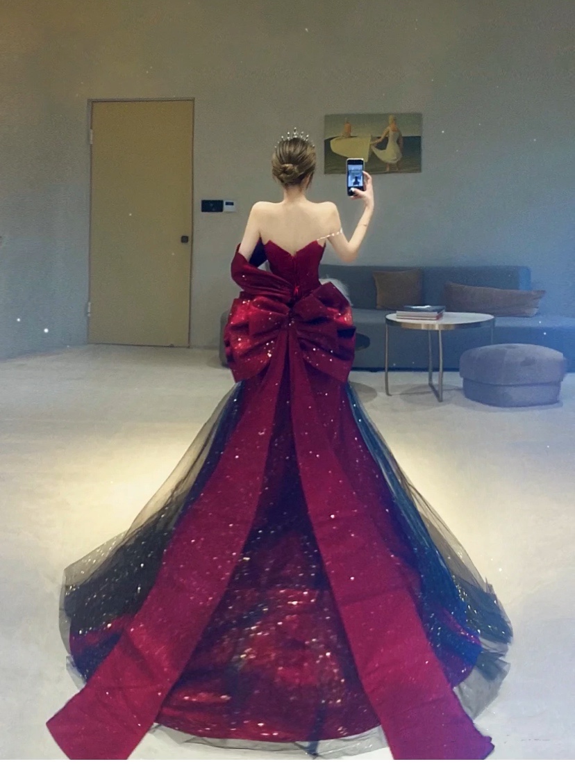 Red evening dress for bride, design wedding dress with bow, long skirt, open shoulders, 