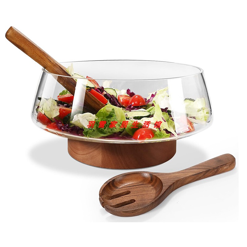 Extra Large Transparent Glass Salad Bowl Large Capacity Set with Wooden Base Tableware Party Dinner Fruit Plate with Wooden Fork and Spoon