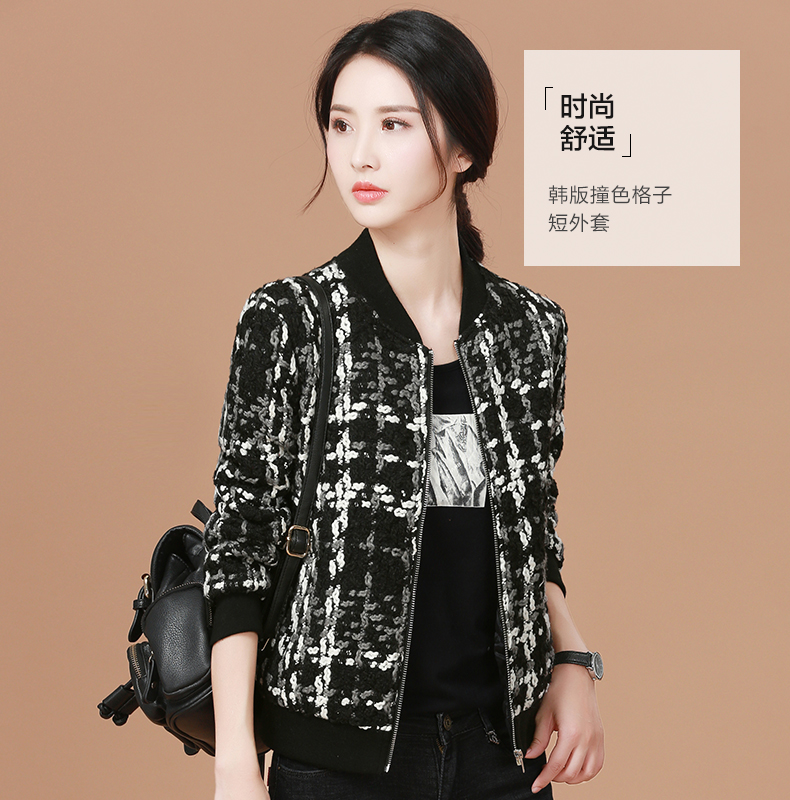 2018秋冬季新款韩版格子毛呢外套女短款宽松