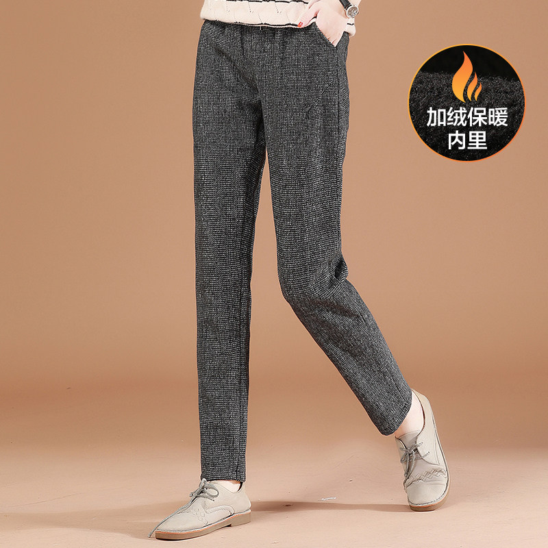 Han tide attack striped retro velvet slacks women's winter thick elastic waist warm straight Harun long pants