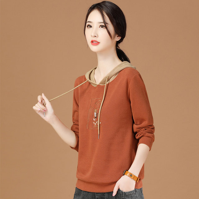 Korean trendy hooded stitching long-sleeved pullover sweater women's 2022 new spring and autumn loose Korean embroidered top