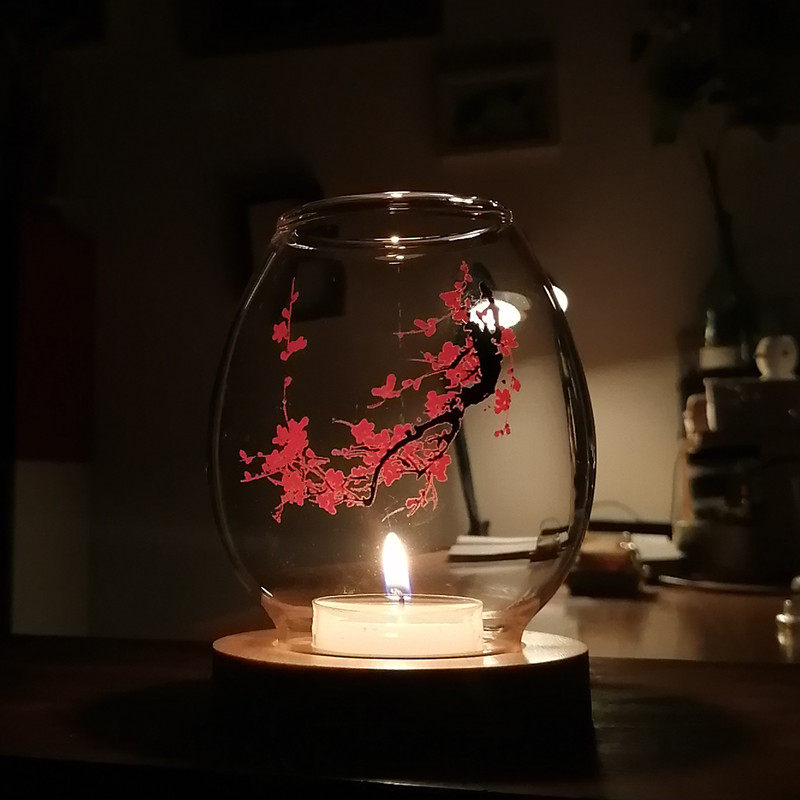 Simple space Candlestick glass printing tea room Candlestick plum flower decoration photography scene layout with ornaments