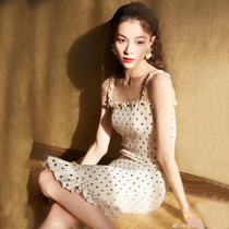 2021 new bell Chuxi stars the same sweet and beautiful bag gluteal white harness wave dot with dress retro fish tail skirt woman