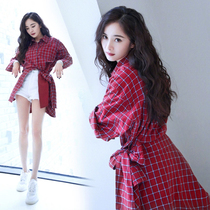 Star Yang power the same red plaid long-sleeved shirt woman with loose port to taste Korean version casser-clad dress damp