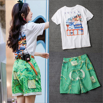 Star Yang Power The Same Clothes Summer Clothing 50% Green Shorts Female Summer Thin hot girl with loose printed white T-shirt