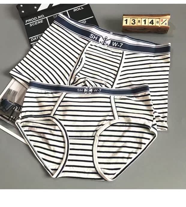 Sáng tạo cá tính cặp đôi đồ lót Phong cách hải quân pinstripe gợi cảm cám dỗ nam võ sĩ nữ tam giác nam và nữ thiết lập đồ lót quần lọt khe