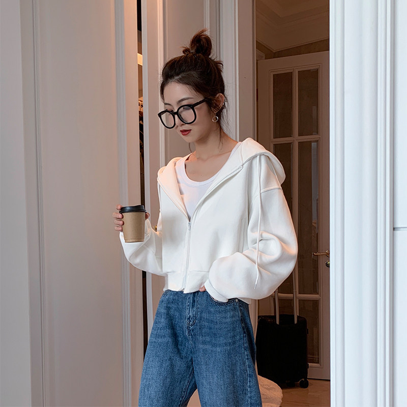 MULVAN white hooded sweater women's short spring loose casual wild 2021 top zipper cardigan jacket