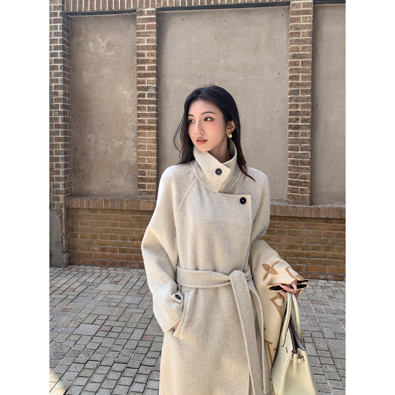 Mulvan Collection Private Label 1Oo Sheep Wool Double-Sided Woolen Coat for Women, High-End Tie-Waist Long Coat