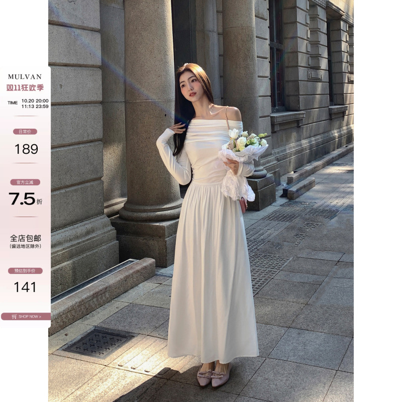 Mulvan French-Style White Off-Shoulder Knit Dress for Women, Elegant Long-Sleeve, Off-Shoulder, Waist-Cinching A-Line Long Dress