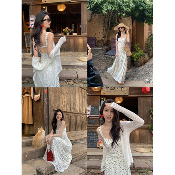 Mulvan polka miss polka dot suspender skirt mesh backless dress seaside vacation skirt long skirt