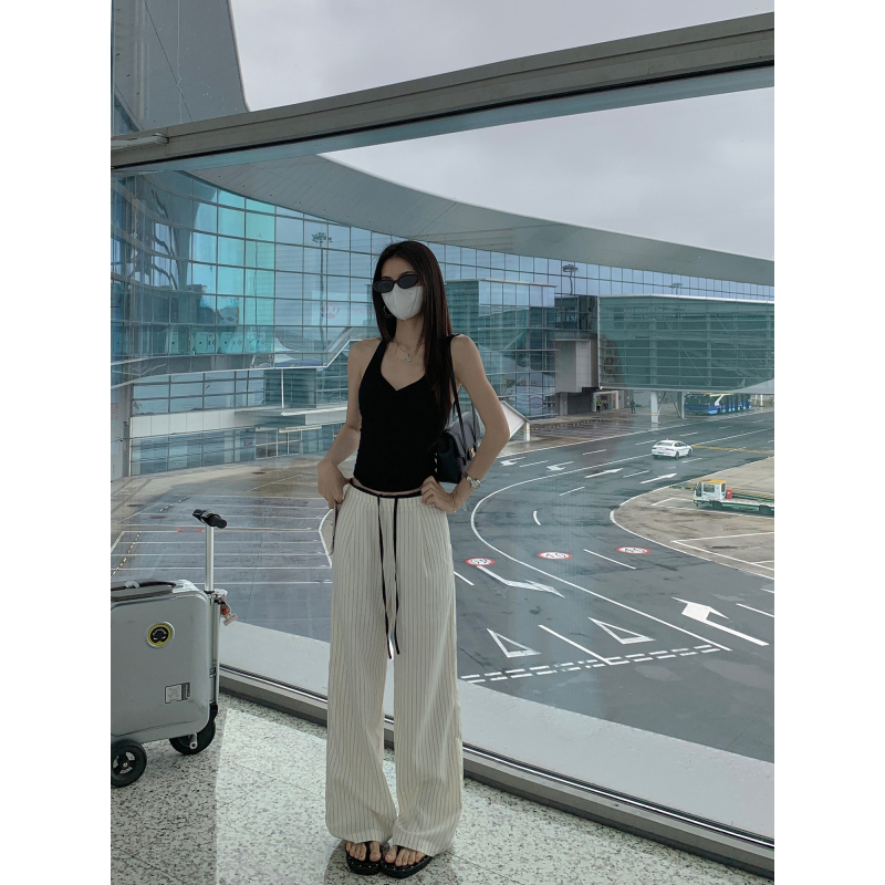 Mulvan Lazy Design Drawstring Striped Casual Pants for Women, Niche Loose Straight Wide-Leg Trousers
