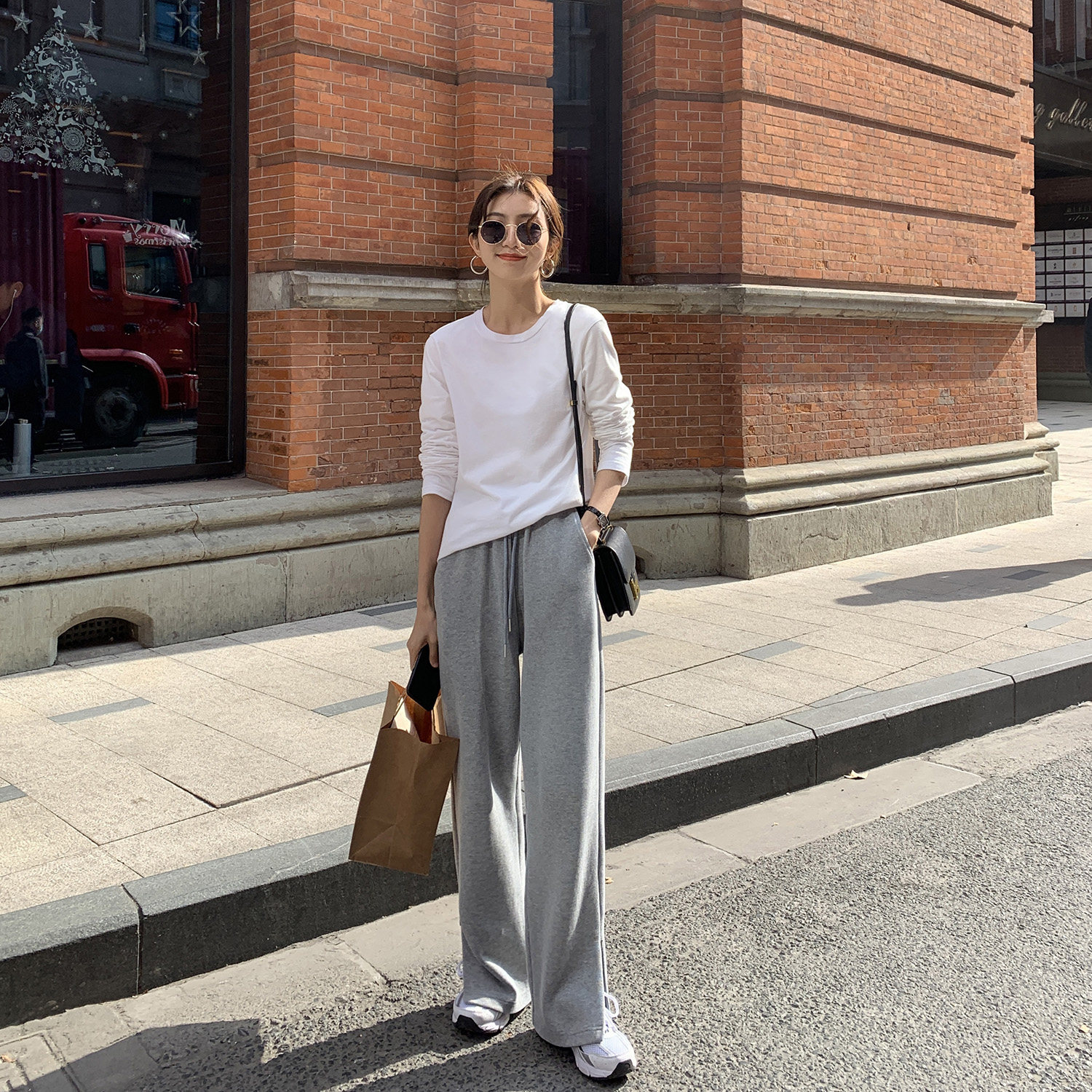 (Clearance)MULVAN Grey Sports SLACKS Women's side zip split high waist loose straight wide leg pants