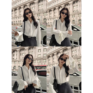 MULVAN 法式白色衬衫女秋季新款修身显瘦气质设计感小众长袖衬衣