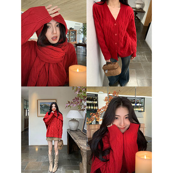 Red twist sweater women's cardigan v-neck knitted jacket