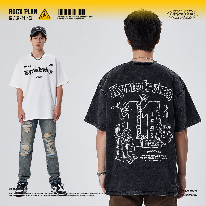 Rock Project Kyrie Irving American-Style Printed Short-Sleeve T-Shirt High Street Sports Basketball Shirt Heavyweight Vintage