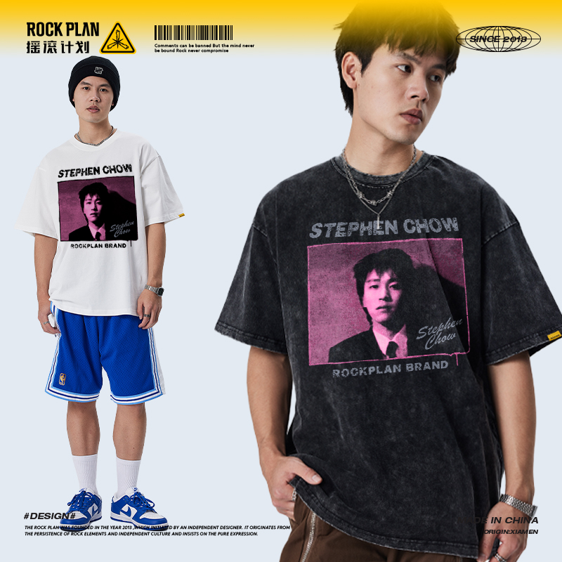 ロックプロジェクトアメリカンTシャツ、スティーブン・チョウプリント半袖、ダメージ加工、レトロ、ハーフスリーブ、ハイストリート、オールマッチ、メンズ、バイブ、トレンディブランド