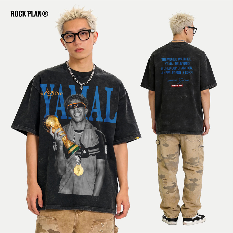 Rock Project American Style Trendy Brand Short-Sleeved Men's Football World Cup Yamal Championship Trophy Printed Pure Cotton T-Shirt
