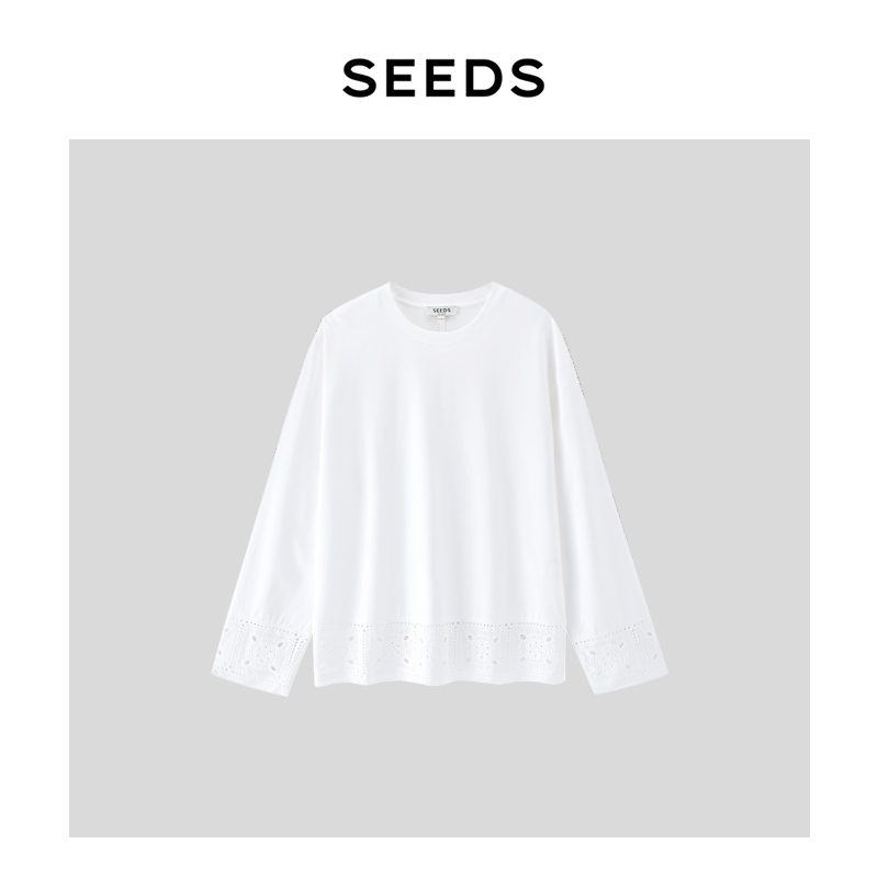 【White Rose】Seeds Imported Supima & Australian Cotton Lace Hollow-Out Design Long Sleeve T-Shirt
