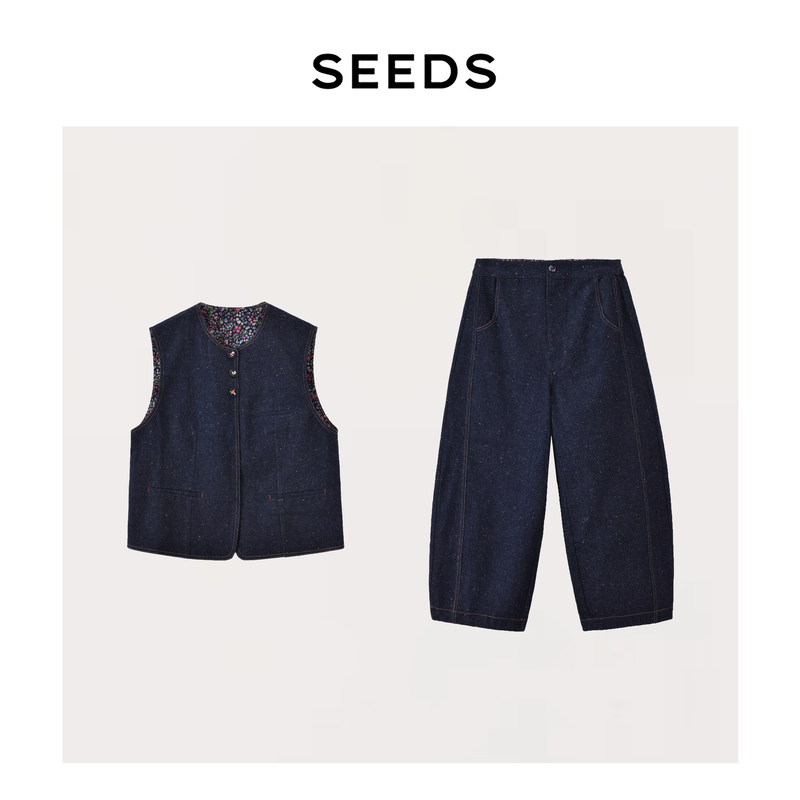 【Popping Candy】Seeds Cotton! “Color-Woven Dotted Yarn Denim” Cocoon-Shaped Floral Cuffed Scimitar Pants + Vest 【Popping Candy】Seeds Cotton! “Color-Woven Dotted Yarn Denim” Cocoon-Shaped Floral Cuffed Scimitar Pants + Vest