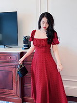 Meet Home Fat Sister Fata-style Retro Square Collar Fish Bony Dress Code Dresses Big Code Womens High Level Sensational Slim Red Long Dress