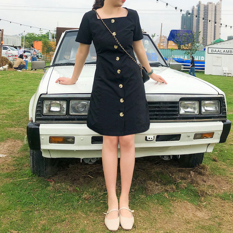 Meet the big yard women's clothes 2022 new waist - collar small black dress fat mm slim skinny short sleeve dress