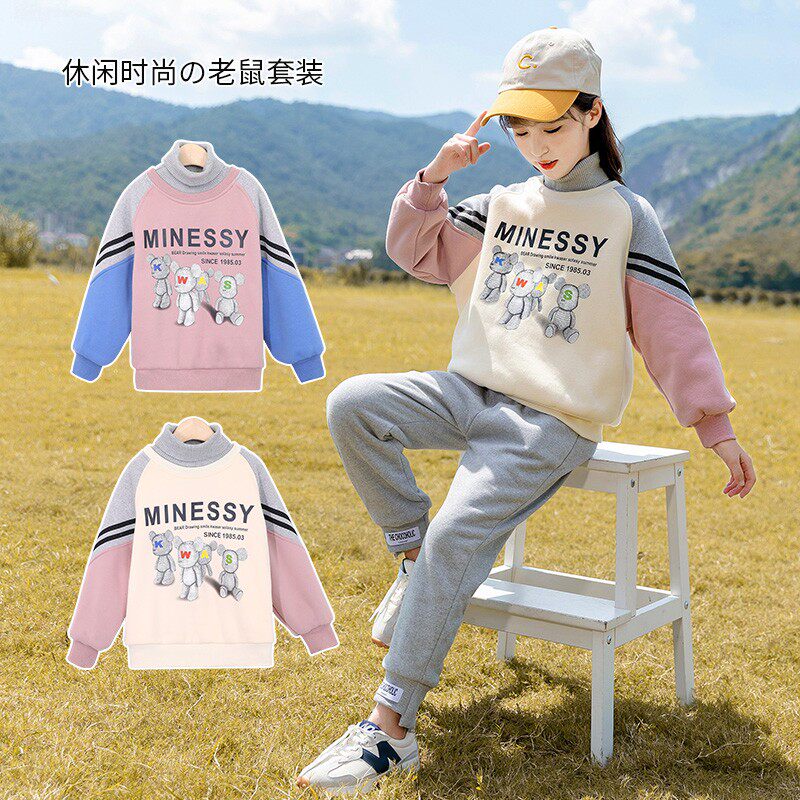 Girls' fleece sweater suit winter clothes Western style middle-aged children's baby winter thickening two-piece warm clothes fashion