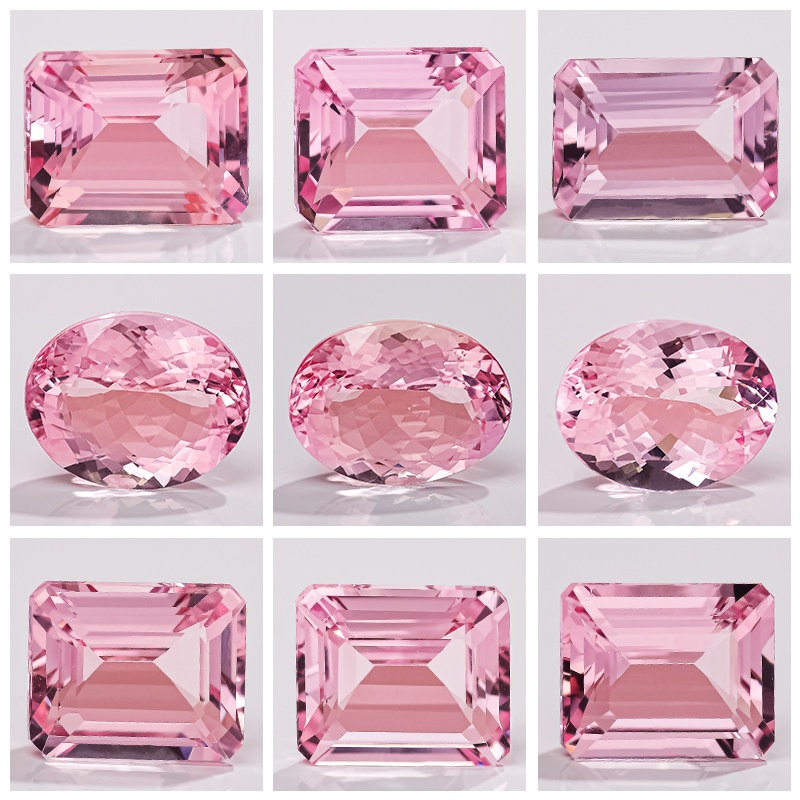 Baizi Jewelryが8月16日に新たに発売する商品：天然モルガナイトのルースストーン、桜色のピンクモルガナイトの原石、そしてピンクモルガナイトのティアドロップストーン。