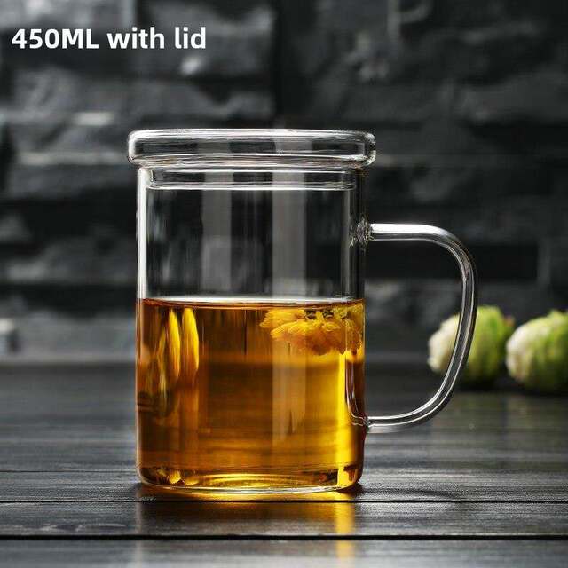 Thickened heat-resistant glass cup, transparent water cup with lid, tea cup, home breakfast cup, tea cup, office cup with handle cup