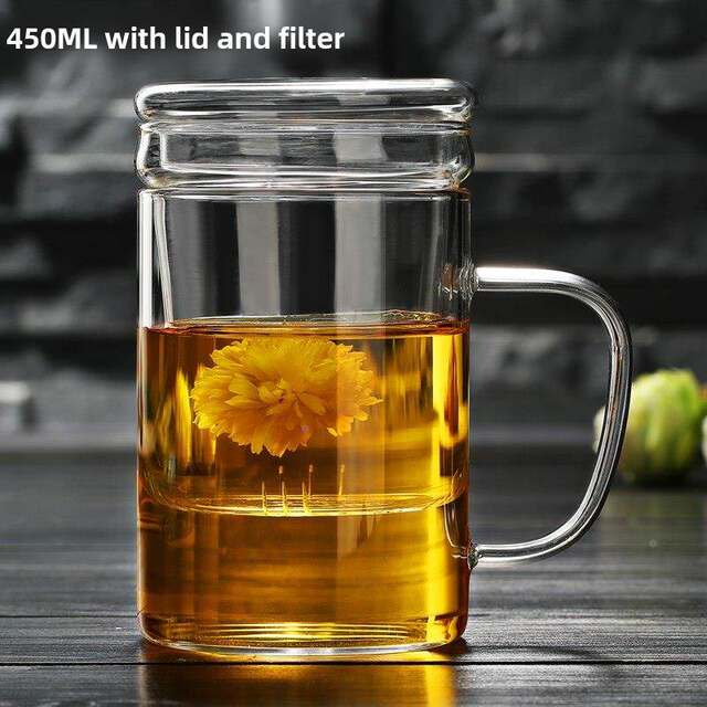 Thickened heat-resistant glass cup, transparent water cup with lid, tea cup, home breakfast cup, tea cup, office cup with handle cup