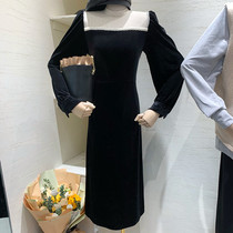 Lace stitching velvet dress female 2021 Spring and Autumn New slim slim long Hepburn wind small black skirt
