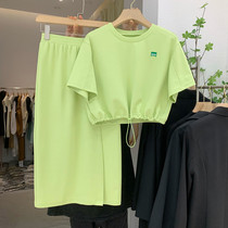 Casual Alphabet Sports Suit Woman Little Guy 2022 Summer New Short Sleeve T-shirt Open Fork Half Body Dress Two Sets