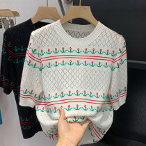 Short sleeve crushed flower knit cardiovert 2022 Summer new display slim hook flower hollowed-out ice silk blouse embroidered T-shirt base