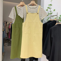 Reduced Age Denim Skirt Woman 2022 Summer new loose Slim Striped T-shirt Braces dress Two suit one-piece dress