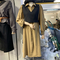 Long sleeves mid length casual one-piece dress Two sets of women 2021 Spring new loose slim long dress suit skirt