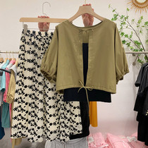 Three-piece dress womens short sleeve 2021 summer New loose slim floral skirt jacket skirt set