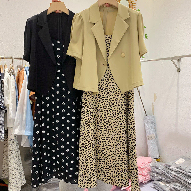 Broken Flower Harnesses Short Sleeves Suit Jacket Two Sets Women 2022 Summer Body Slim Snowspun Ocean Dress Suit