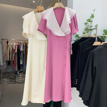 Short sleeves Lotus Leaf Collar dress Skirt Woman Mid 2022 Summer new Slim Dying Sensation Method Collection Waist Snowspun Long Dress