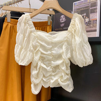 White French top womens short sleeve foreign style shirt 2021 summer new slim slim short pleated shirt