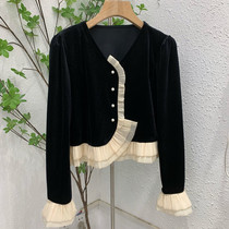 100 pleated velvet blouse woman long sleeve 2022 spring new body slim fit slim fit short and small subretro shirt