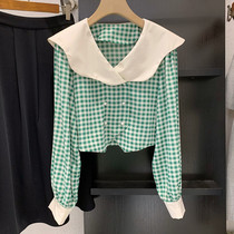 Lotus Leaf Plaid Shirt Woman 2022 Spring Summer New Snow Textile Double Volleyball Buckle Academy Wind Blouse Navy Collar Lining