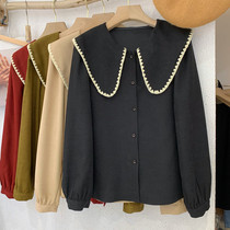 Doll collar lamp core suede shirt woman long sleeve 2022 spring new loose display slim embroidered blouse black shirt