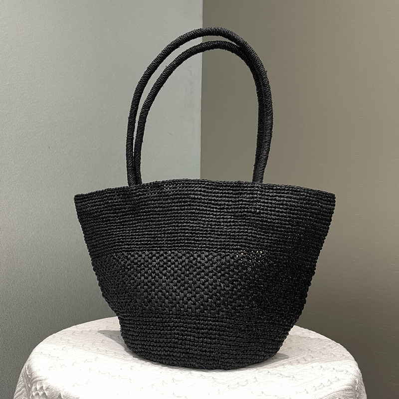 Black Straw Bag, Natural Raffia Bag, Large Capacity Tote Bag, Shoulder Bag, Seaside Vacation Beach Bag for Women Traveling