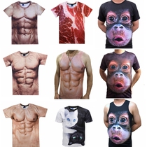 Annual meeting funny muscle men t-shirt 3D tattoo clothes Pelican pattern personality fake abs pectoral muscle short sleeve t-shirt tide