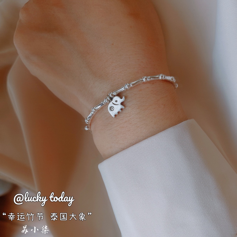 Lucky Bamboo S925 Sterling Silver Bracelet Thailand Elephant Chiang Mai Vintage Silver Jewelry Versatile Little Elephant Women's Layered Bracelet
